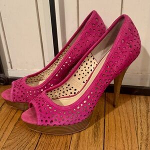 Enzo Angiolini Hot Pink Laser-Cut Peep-Toe Platform Pumps